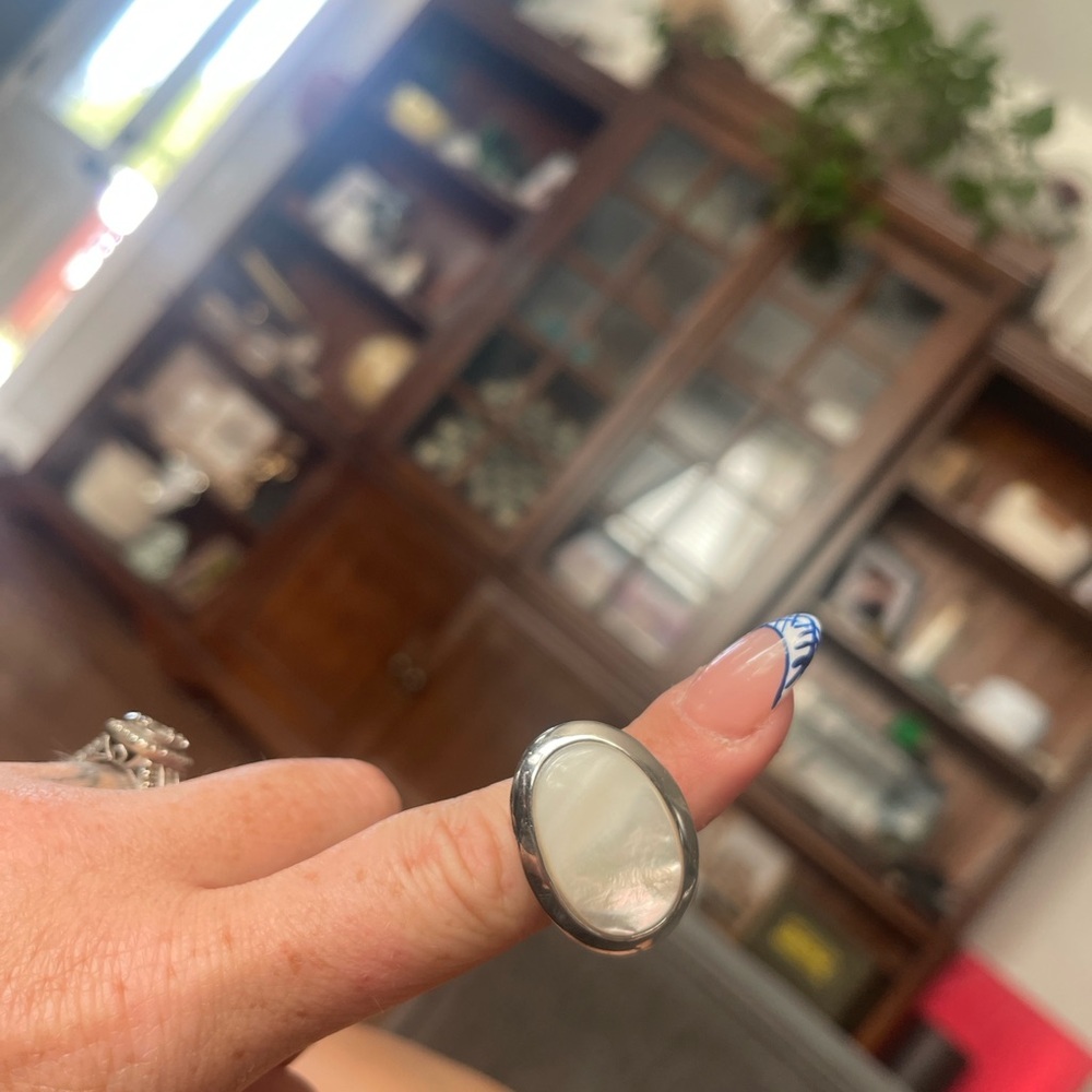 Silver and White Oval Ring